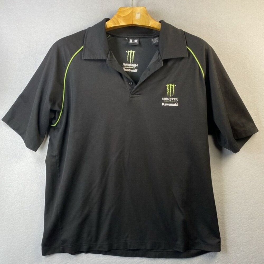 Kawasaki‎ Polo Shirt Mens Large Black Short Sleeve T-shirt Monster Energy Logo